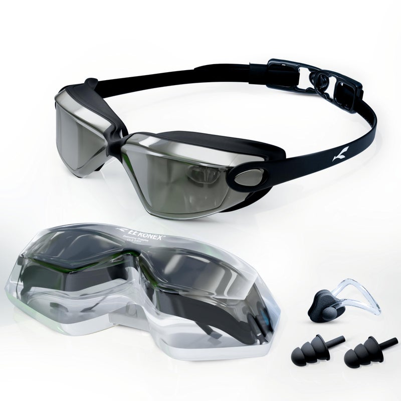 KONEX Anti-Fog Premium Swimming Goggles for Men & Women with UV Protection | Comes Along with Ear Plugs & Nose Pin | Ideal for Children & Adults (Mercury) (Mercury) - Image 1